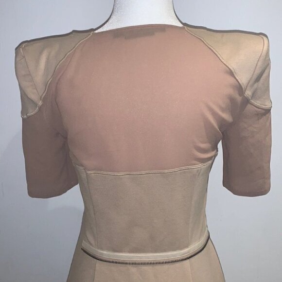 MACKAGE Tan Mesh Bandage Padded Shoulder Round  Neck Mini Bandage Dress Size 8 - Picture 10 of 16